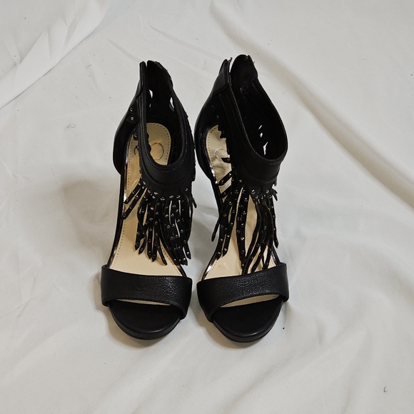 Jessica Simpson Reiko Studded Fringe Platform Heels Sandal Leather Black Sz 8.5 - Picture 2 of 13
